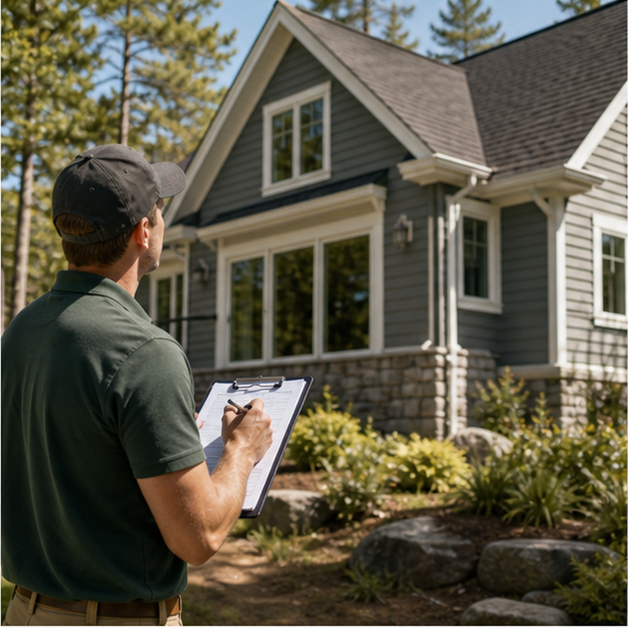 Technician inspecting a cottage exterior