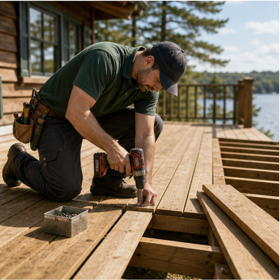 Technician repairing a cottage deck