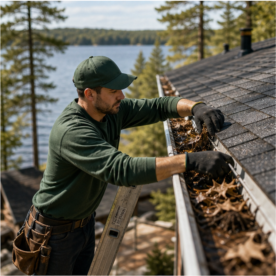 Technician cleaning cottage gutters