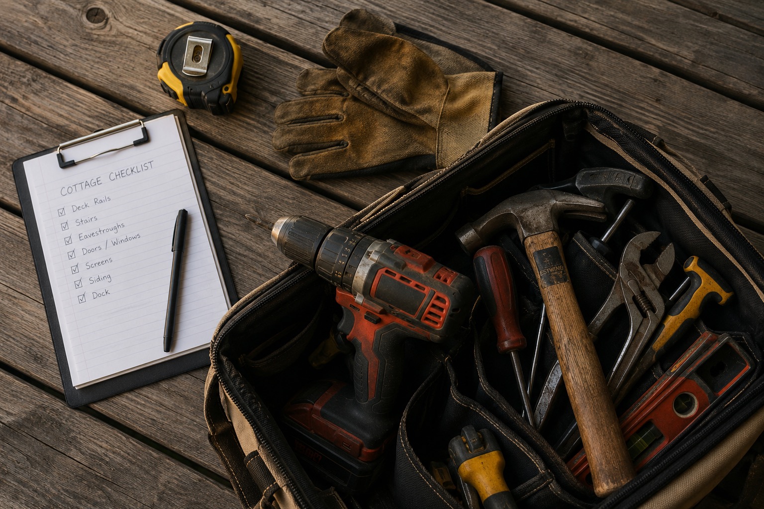 Property maintenance tools beside a written repair checklist